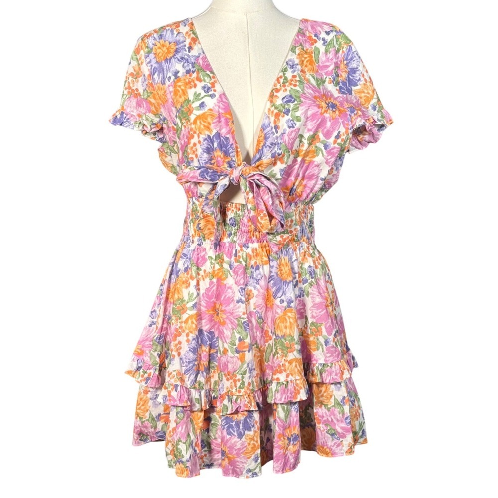 Hello Molly Floral Mini Dress Large Tie Front Ruffle Skirt Cutout Waist